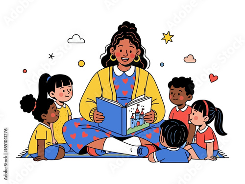 Reading Hour: A heartwarming illustration captures a group of young children eagerly gathered around a nurturing teacher, who is engrossed in reading a captivating storybook.