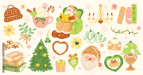 Hand drawn Christmas aesthetic, Whimsical Pink Christmas , Cute Christmas book, Mrs Santa Claus, Santa, Reindeer,Coquette Bow , Coquette Pink Bow ,Vintage Christmas,Christmas Tree Png, Girly Xmas 