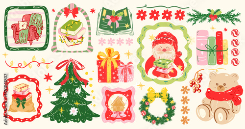 Hand drawn Christmas, Whimsical Pink Christmas , Cute Christmas Clipart, Mrs Santa Claus, Santa, Reindeer,Coquette Bow , Coquette Pink Bow ,Vintage Christmas,Christmas Tree Png, Girly Xmas Sublimation