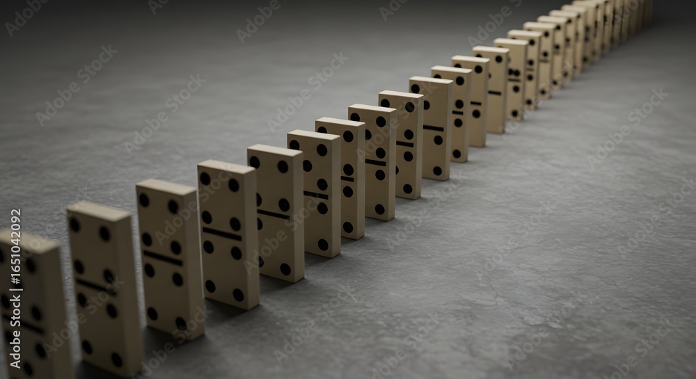 Fototapeta premium Perspective of dominos aligned in vanishing point, cause and effect concept