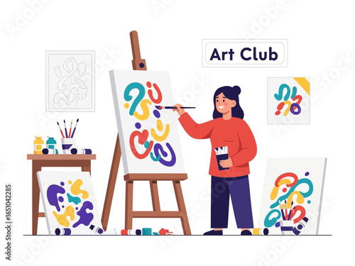 Art Club Creativity: A vibrant illustration of a smiling individual engrossed in painting within the art club, showcasing colorful abstract artwork and an inviting atmosphere.