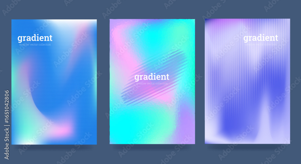 Set of backgrounds with distortions in the form of ripples on glass. Abstract fractal texture with ribbed glass texture. Bright gradients, futuristic tones, vector background.
