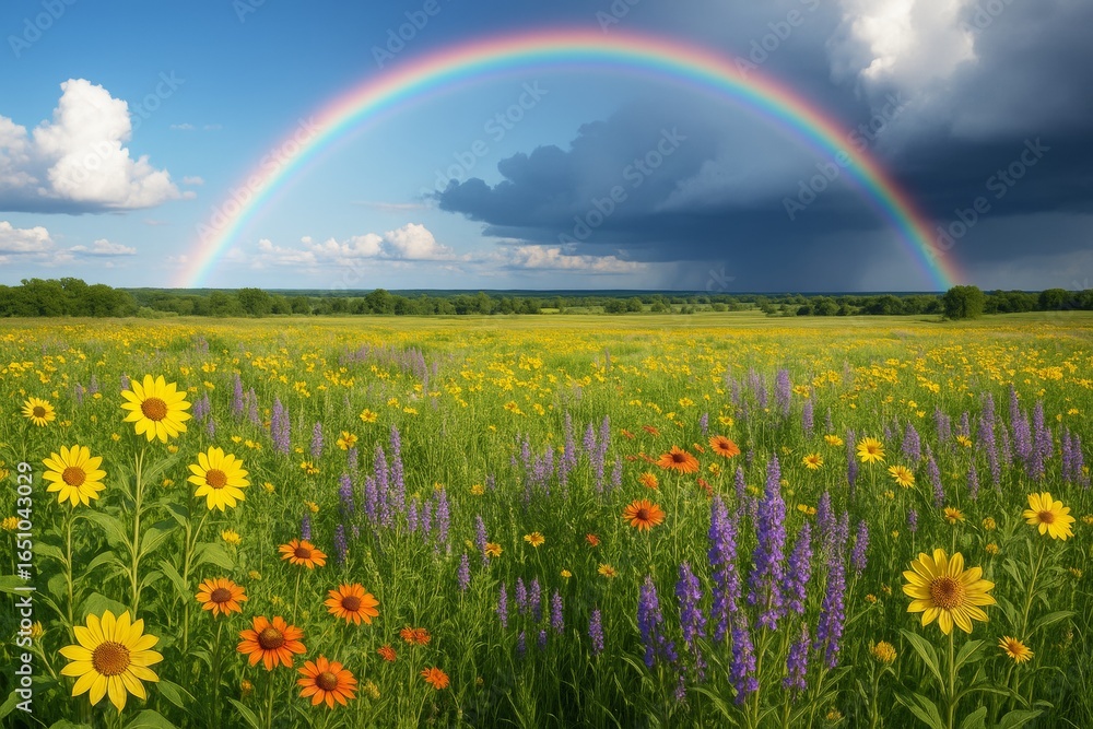 Naklejka premium Vibrant wildflower meadow under dramatic sky with full rainbow arch in background and vivid light across green landscape fields. Ai generative