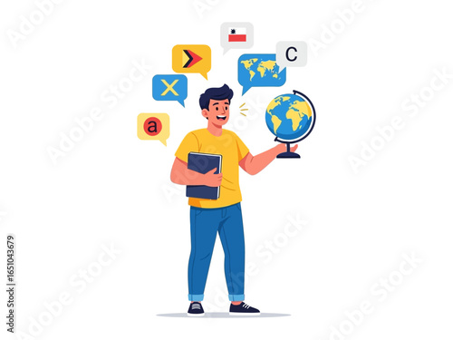 Global Language Study: A vibrant illustration depicts a young individual, engrossed in the world, and delving into the complexities of global languages, holding a globe to symbolize the world