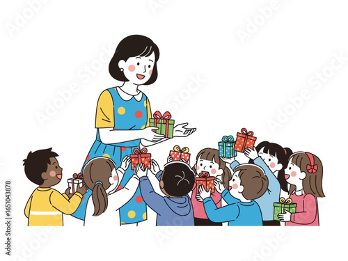Sharing Happiness: A heartwarming illustration depicts a teacher joyfully distributing gifts to a group of children. capturing the essence of generosity and the joy of giving.