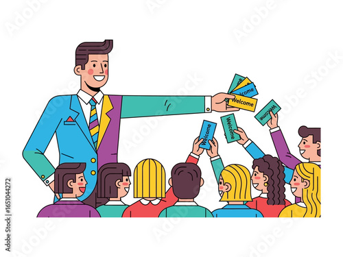 Auctioneer at Work: An illustration captures a dynamic auction scene, where a distinguished auctioneer interacts with an engaged audience, bidding and participating with their hands. 