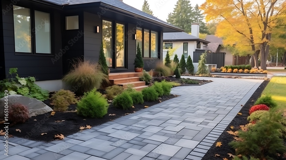 Obraz premium Daytime view of front yard landscaping and home exterior finishing, walkway being laid with modern paving blocks, natural light accents.