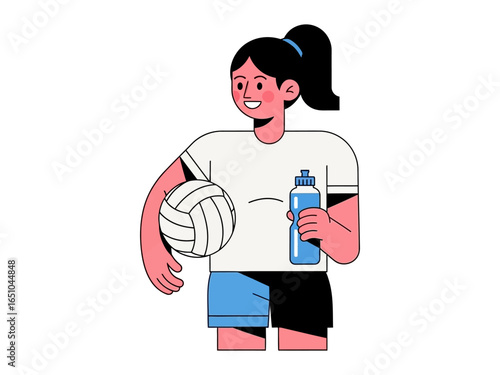 Volleyball Player with Bottle: A vibrant illustration of a female volleyball player, holding a volleyball and water bottle, radiating health and athleticism with dynamic energy.