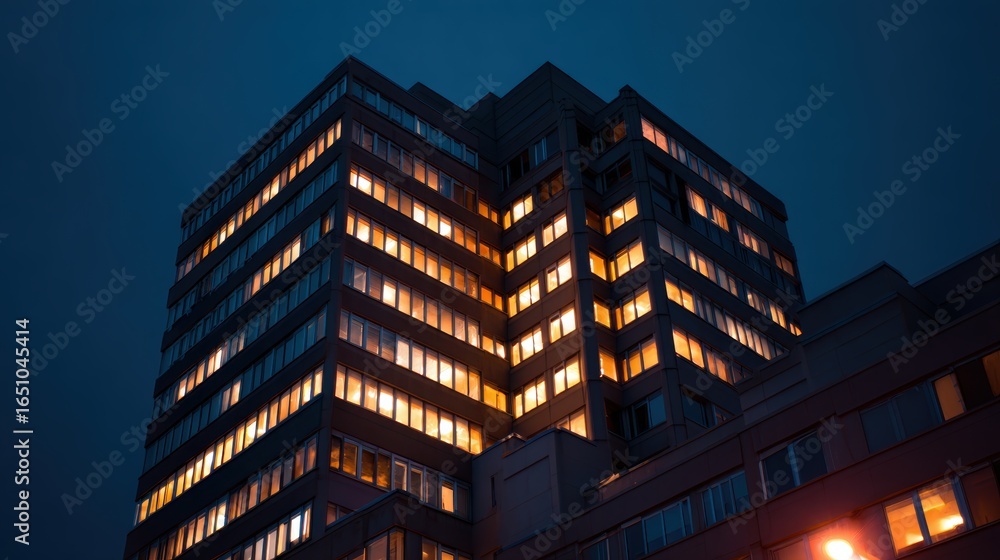 Fototapeta premium Modern office building illuminated at night with glowing windows against a dark sky backdrop