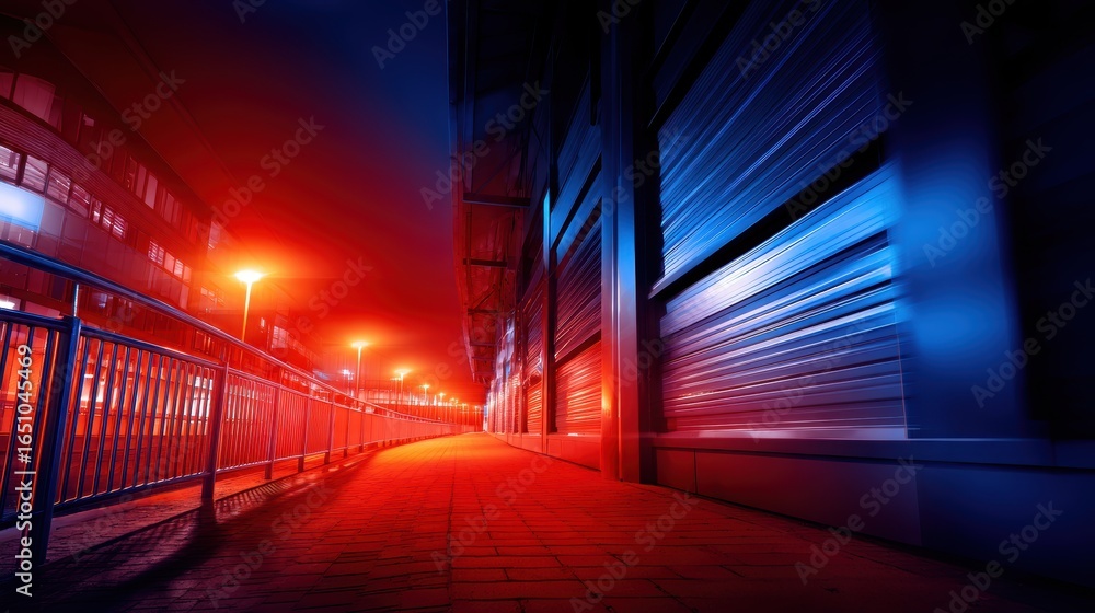 Fototapeta premium Nighttime urban scene showcasing a colorful alley with illuminated buildings and dynamic lighting effects
