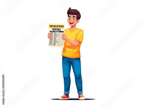 Young Man and Timetable: A vibrant illustration depicts a cheerful young man proudly presenting a timetable, symbolizing education, planning, and a new academic year.
