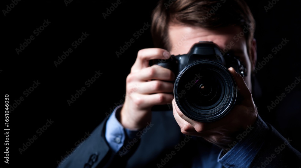 Professional photographer capturing a moment with a camera in a dark setting, showcasing focus and skill Professional photographer capturing a moment with a camera in a dark setting, showcasing focus and skill