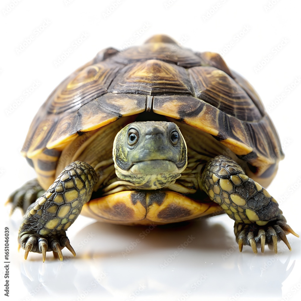 Naklejka premium Box turtle facing forward on a white surface reptile