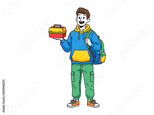 Lunchtime Adventures: An animated depiction of a young individual poised with lunchbox, capturing the joy of anticipation and healthy eating.