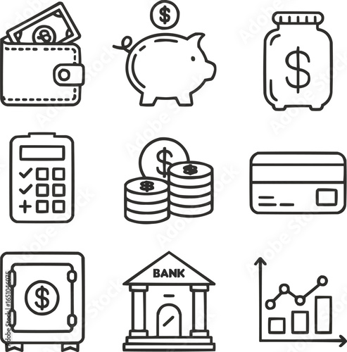 Money Management Outline Icons Set – Budgeting, Saving, and Financial Planning