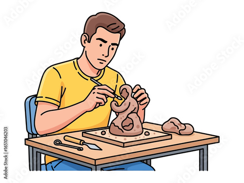 Sculpting Artwork: A dedicated artist meticulously crafts a clay sculpture, showcasing the artistry of creativity and the joy of art, crafting an unique and beautiful piece of art.