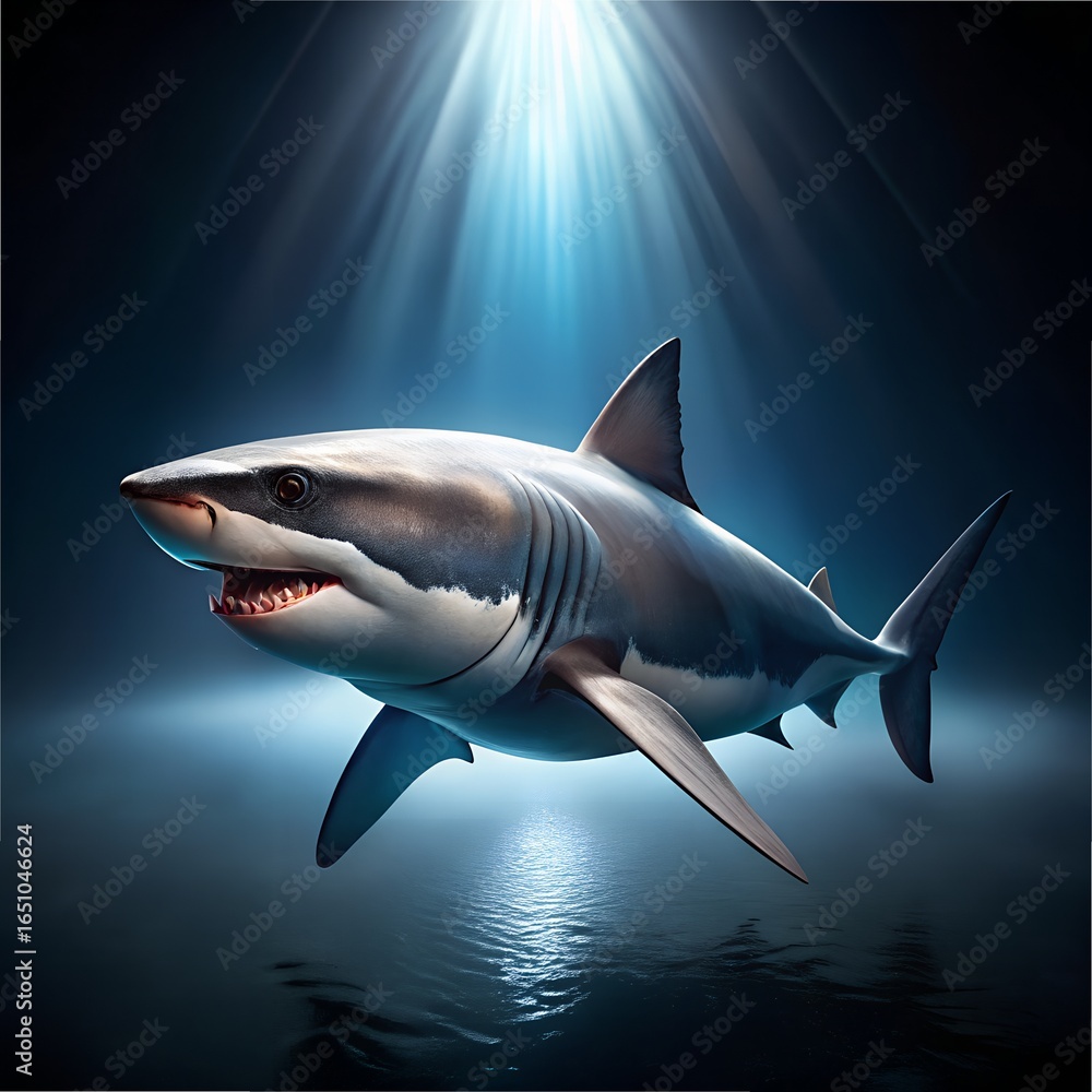 Fototapeta premium Great White Shark Swimming Underwater With Light Rays
