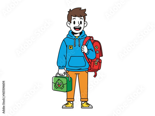 Young Student Ready for Learning: A cheerful young student, fully equipped with a backpack and lunchbox, stands ready for a day of learning, radiating enthusiasm and excitement.