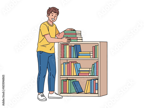 Young Adult Bookshelf: A young person stacks books on a colorful bookshelf. This illustration perfectly embodies the joy of literature, knowledge, and the quiet pursuit of personal growth.