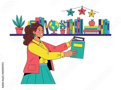 Librarian's Realm: An educator, surrounded by literary treasures, cultivates an engaging learning environment amidst bookshelves and decorative elements.
