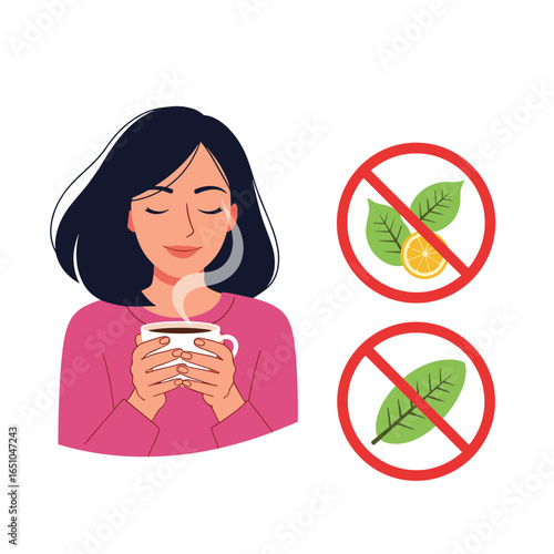 Relaxing woman enjoying warm beverage with avoidance of certain ingredients