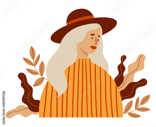 Autumn Woman blonde with hat. Female Autumnal Portrait with Leaves. Vector illustration. Not AI