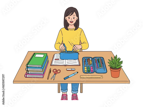 Study Desk: A young student at her desk, immersed in study, books spread open before her as she prepares for a school activity.
