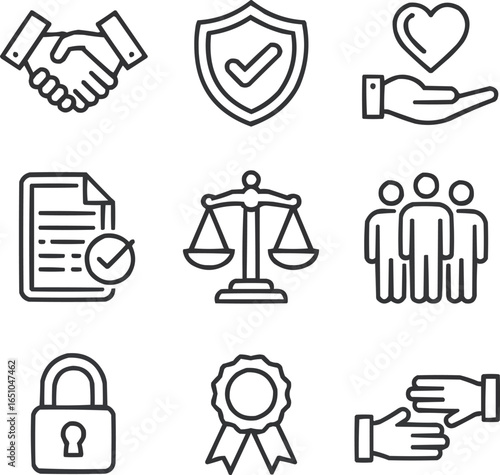Trust and Reliability Thin Line Icons Set Partnership, Safety, and Professional Ethics