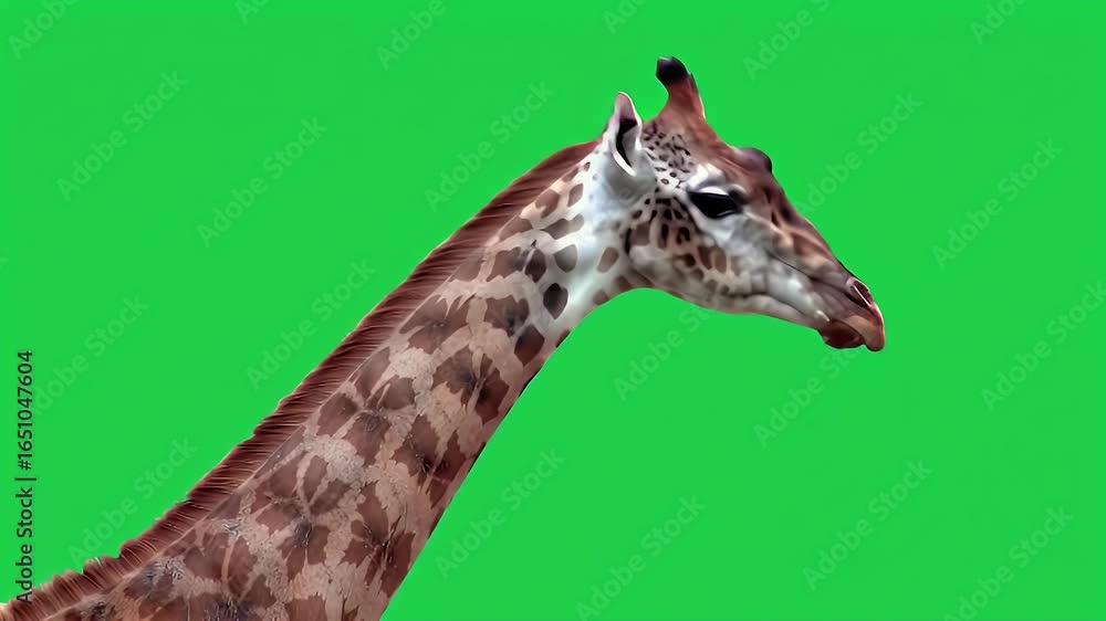 Profile of a giraffe's head and long neck against a chroma key green background, perfect for compositing and isolation. Profile of a giraffe's head and long neck against a chroma key green background, perfect for compositing and isolation.