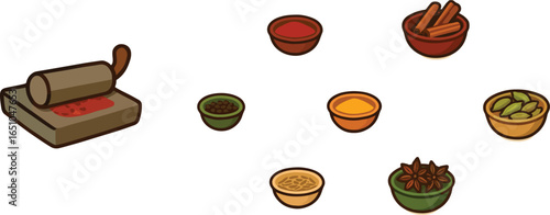 Spice Grinder and Bowls Vector Illustration - Indian Spices Collection