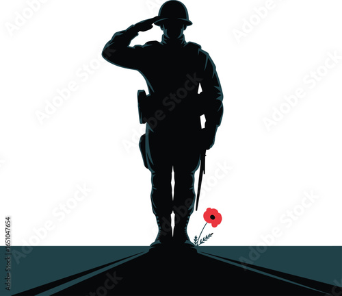 Solemn Soldier Silhouette Vector Graphic with Poppy for Remembrance Day Projects