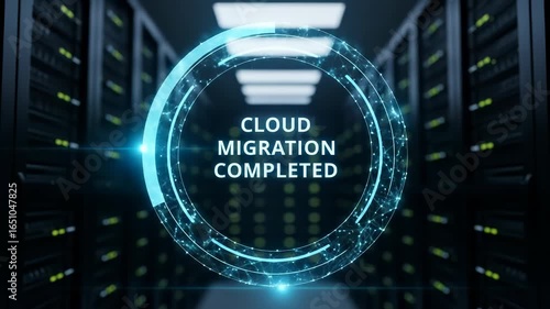 Cloud Computing Migration. Cloud computing migration completed modern data center environment utilizing digital technology, futuristic interface
