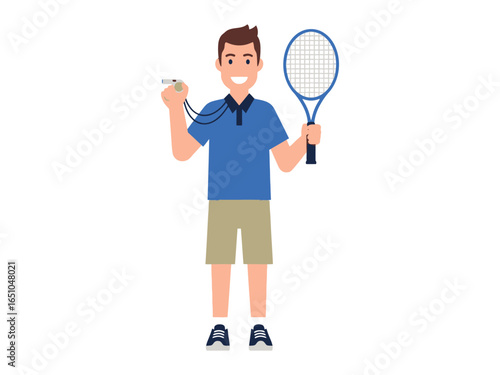 Tennis Coach with Racquet and Whistle: A tennis coach, smiling confidently, stands ready with a racket and whistle in hand, set against a clean and inviting background.