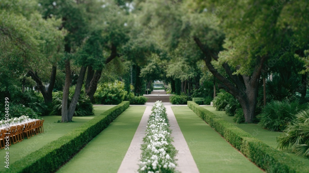 Fototapeta premium Lush garden pathway flanked by vibrant greenery and blooming flo