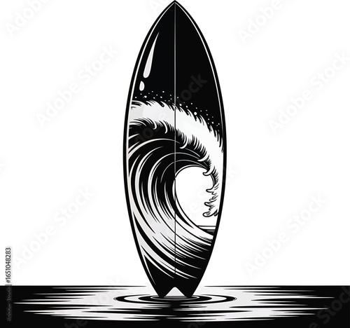 Surfboard with Wave Illustration for Surfing Culture and Beach Lifestyle Designs