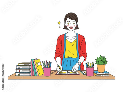 Creative workspace with joyful Woman: A woman brimming with enthusiasm diligently works at a vibrant desk, capturing the essence of artistic inspiration, productivity.