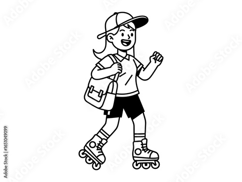 Skater on Wheels: A girl is depicted in a dynamic illustration, gleefully skating with her backpack. A snapshot of youthful joy and urban adventure.