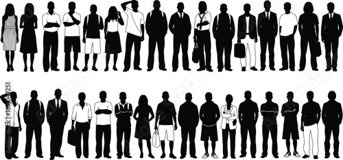 Silhouettes of diverse people standing in rows, casual and formal attire, vector illustration, black figures, isolated on white background, posture variety