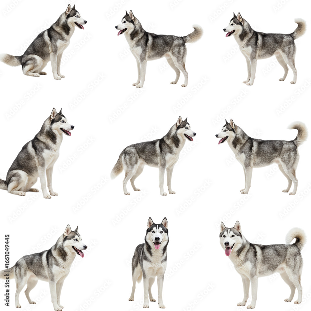Naklejka premium Group of siberian huskies isolated on transparent background