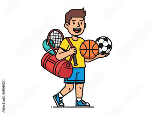 Sports Enthusiast's Gear: A cheerful individual carries a collection of sports equipment, symbolizing a healthy and active lifestyle, perfect for athletic pursuits and fitness regimens.