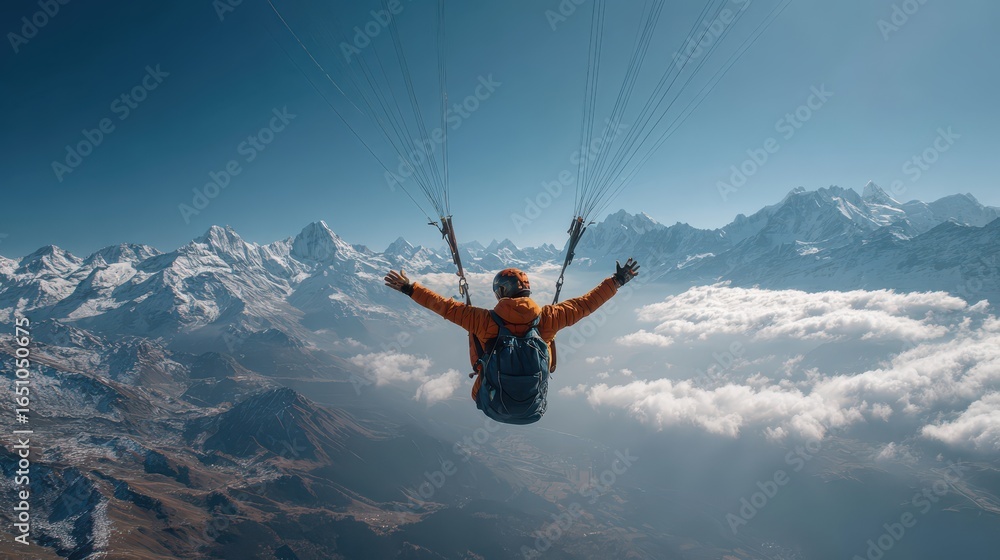 Fototapeta premium Man with arms raised paragliding over a majestic mountain range. It showcases adventure, freedom, and the thrill of extreme sports.