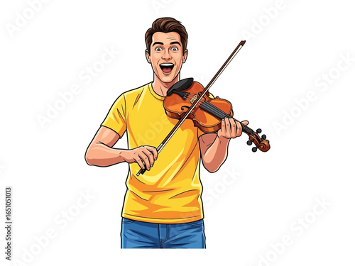 Musical Passion: A man joyfully plays the violin, capturing the essence of melodic expression and the artistic world with every bow stroke.