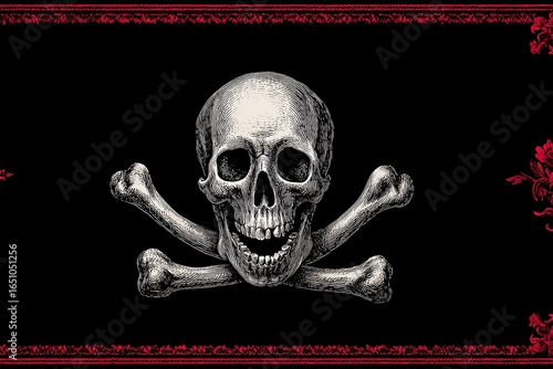 Engraved skull and crossbones illustration on black background with red decorative border elements