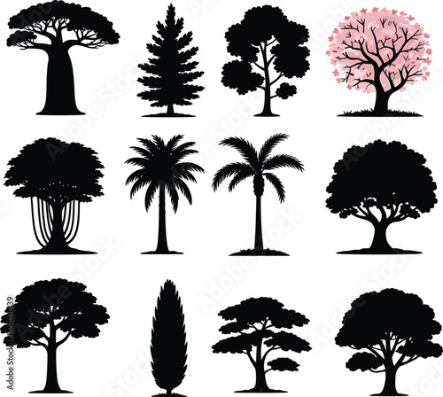 Diverse Tree Silhouettes Collection Forest Landscape Elements Nature Outdoors Environment