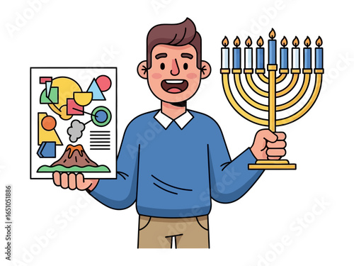 Joyful Art: A young person, beaming with enthusiasm, proudly displays a colorful drawing of abstract shapes and a gleaming menorah.
