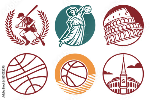 Collection of sports and landmark icons isolated on white background