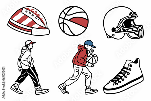 Collection of sports and fashion items including sneakers, basketball, and football helmet