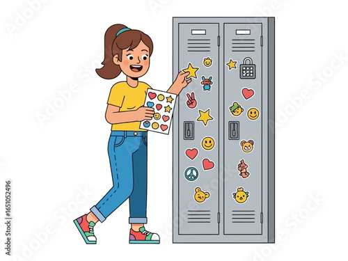 School Girl Decorating Locker with Stickers: A cheerful schoolgirl decorates her locker with vibrant stickers. Expressing youthful exuberance, creativity, and personal style.