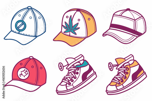 Collection of six stylized baseball caps and skate shoes