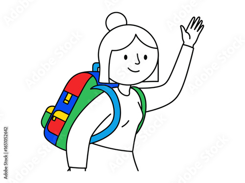 Embarking on Adventure: A cheerful cartoon character with a colorful backpack waving hello, set against a simple background, ready to embark on a journey of exploration and fun. 